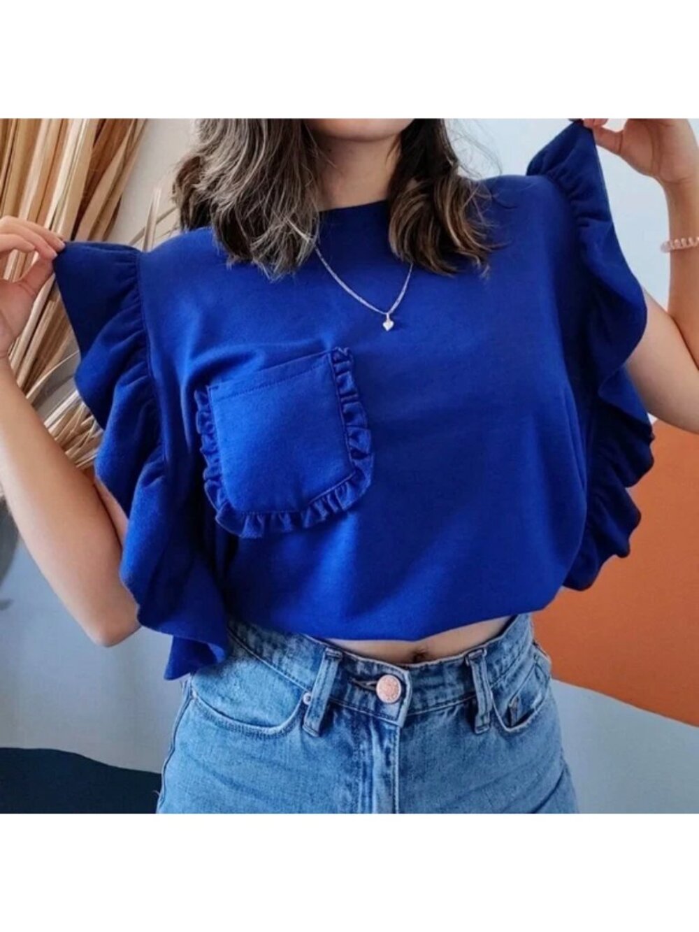 NWT Drew By Anthropologie Cobalt Blue Knit Ruffled Sleeve Top Sz S